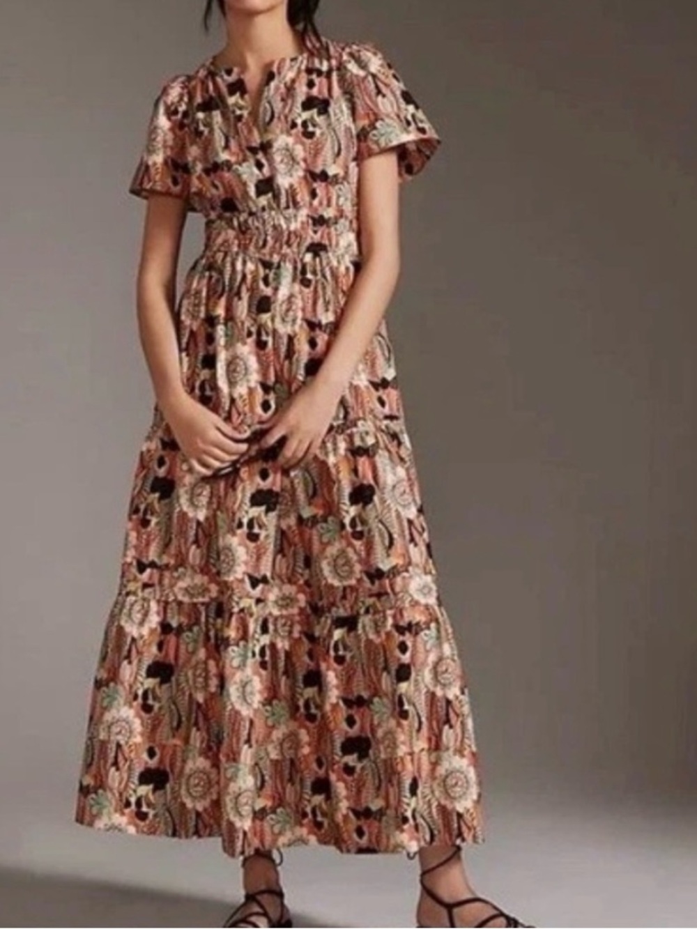 NWT Anthropologie Somerset Tiered Maxi Dress S Pastel Coral Floral Pockets Flowy - Picture 6 of 13